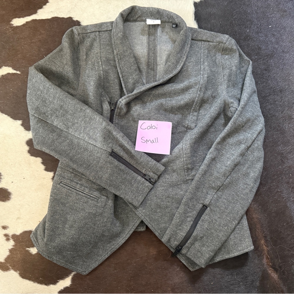 CAbi Gray Asymmetrical Zip Knit Blazer